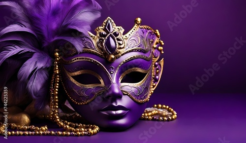 Generative AI Mardi Gras Venetian masks in golden purple green colors background. Festive colorful Carnival Mardi Gras masquerade mask design for banner, greeting card, prints, poster, party invitatio