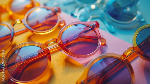 a collection of colorful sunglasses laying on bright objects, in the style of translucent overlapping. Generative AI