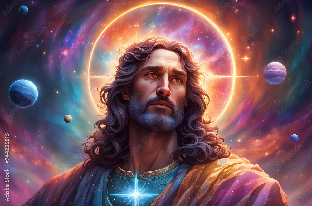 heilige Figur des Christentum Jesus lächelnd vor einem bunten Universum ...