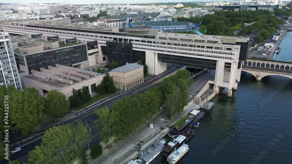 Ministry of Economics and Finance new palace in Bercy, Paris in France. Aerial backward ascending