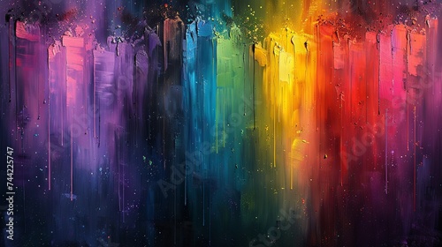a colorful painting of a rainbow with purple, yellow and blue scattered, in the style of conceptual digital art, soft mist, textured canvas, abstraction. Generative AI