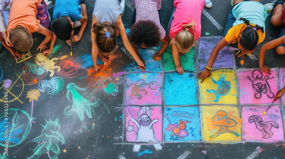 Fototapeta premium A happy group of children are engaging in leisurely sports and recreation by sitting on the ground, drawing with chalk. AIG41