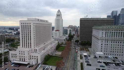 Drone Shot of Los Angeles City Hall, Spring Street Courthouse LA Superior Court, Hall of Justice and Downtown Traffic photo