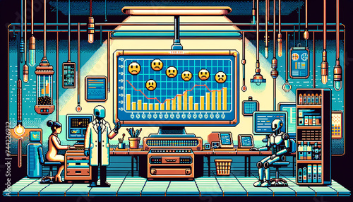 Pixelated robot analyzing sentiment with vintage computer screen. photo