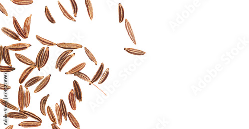 Fotografi Close up cumin pile isolated on white, top view, macro