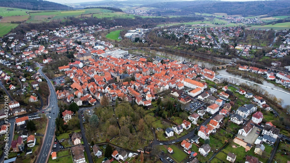 Aerial view of the city Melsungen in Hesse, Germany on a sunny day in early spring.