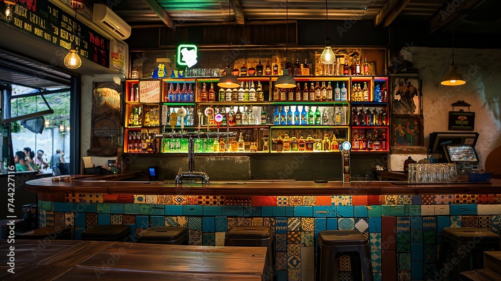Retro styled bar interior with colorful liquor bottles on the shelves behind the counter