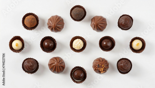 Assortment white, dark and milk chocolate candies. Top view of various delicious chocolate pralines