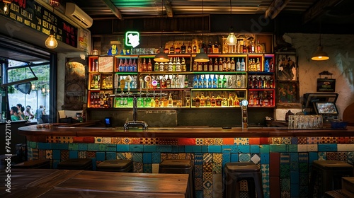 Retro styled bar interior with colorful liquor bottles on the shelves behind the counter
