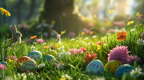Happy Easter. Egghunt on spring meadow full of colorful blossmoming flowers, easter bunnies and painted eggs.