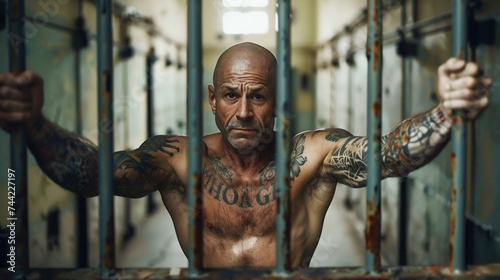 Portrait of a Tattooed Man Behind Bars. Generative ai