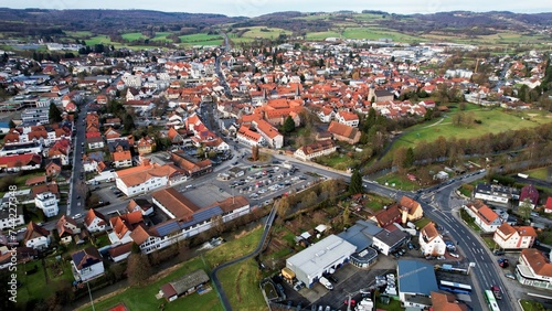 Aerial of the city Schlüchtern in Hesse, Germany on a sunny day in autumn