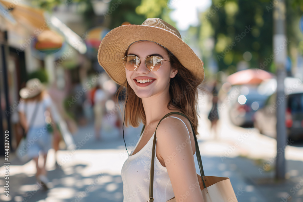 Elegant and happy young woman shopping in the city.
