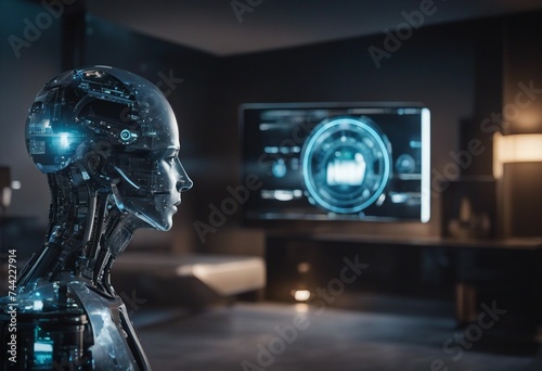 A concept art of a digital holographic artificial intelligence AI smart technology in a house Humanoid technology