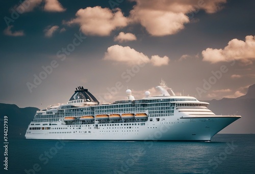 A cruise ship yacht on a tour tourism vacation in the middle of sea ocean