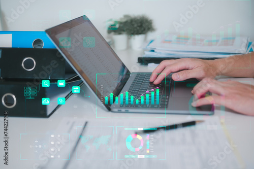 Executive Efficiency Businessman at Work with Documents data management, Documented Decisions Businessman Strategizing at the Table files and data management, busy table with document and laptop