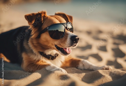 A cute dog with sunglasses on the sand beach on a sunny day enjoying vacation hot summer day at the sandy beach oliday with pet photo