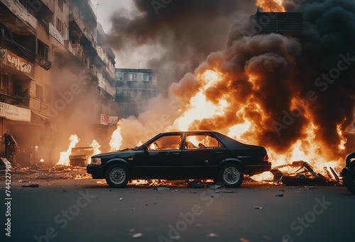 A documentary photo of revolutionary riots and protests burning building and cars in the city Car in flame
