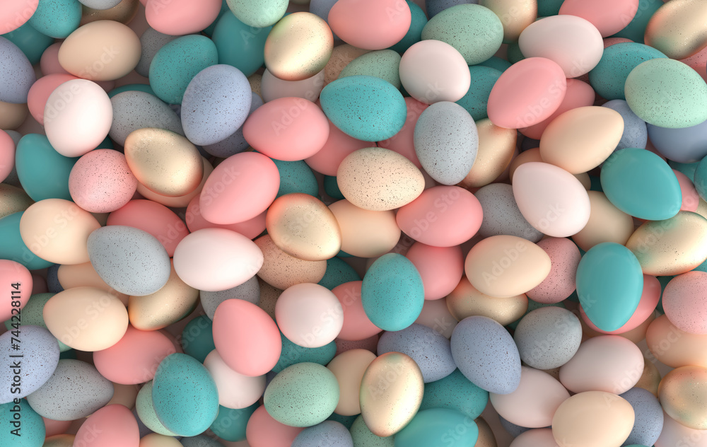 Colorful pastel and gold speckled easter eggs background. 3d render. Happy Easter eggs big hunt or sale banner