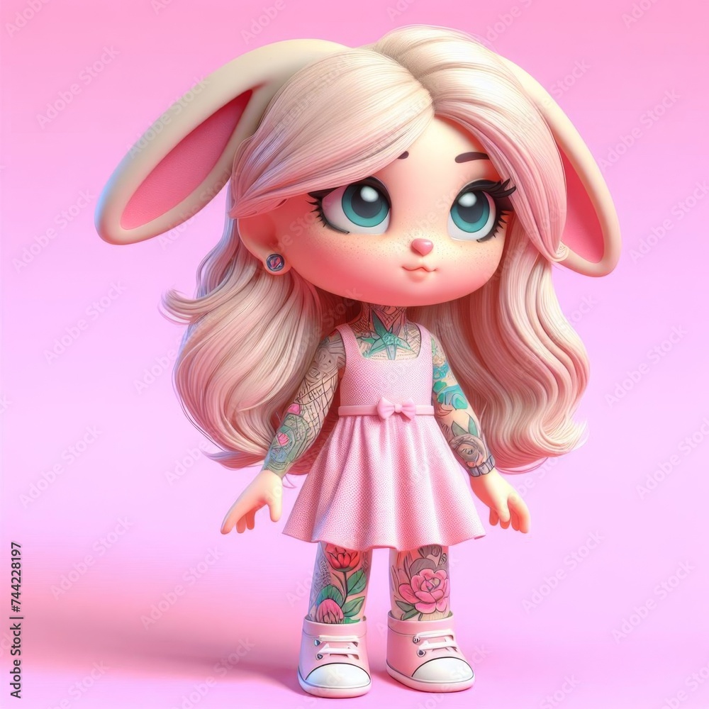 Easter Tattooed Delight: 3D Bunny Girl in Pink Isolated Background Easter Tattooed Delight: 3D Bunny Girl in Pink Isolated Background