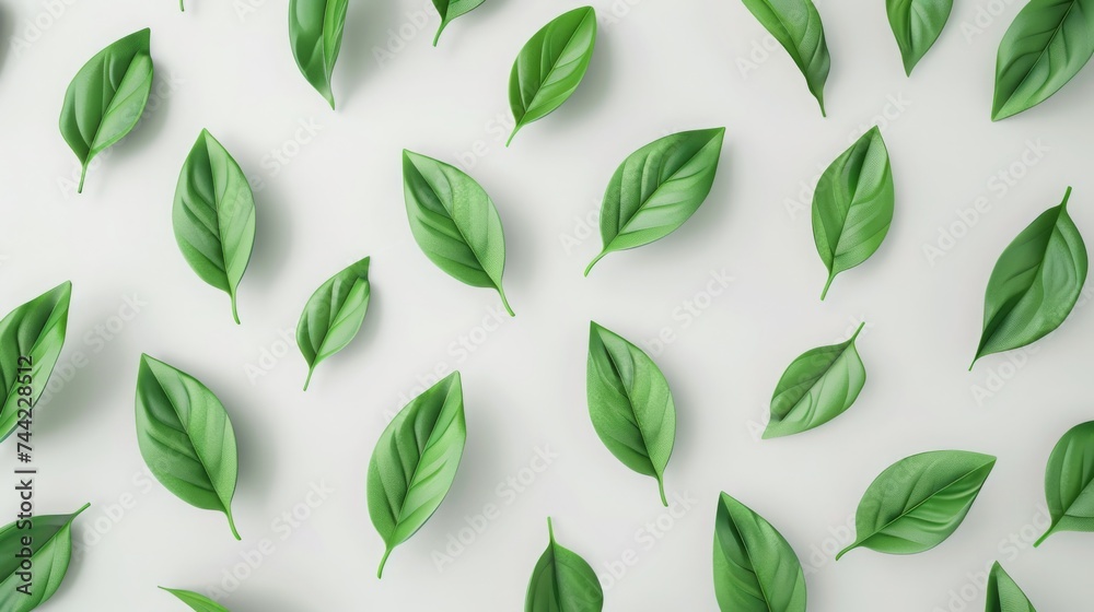 Pattern of Green Leaves Shot from the Top Against a Clean White Background, Ideal for Spring Celebrations, Eco-Friendly Campaigns, and Nature-Themed Designs Pattern of Green Leaves Shot from the Top Against a Clean White Background, Ideal for Spring Celebrations, Eco-Friendly Campaigns, and Nature-Themed Designs
