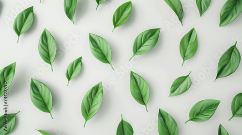 Pattern of Green Leaves Shot from the Top Against a Clean White Background, Ideal for Spring Celebrations, Eco-Friendly Campaigns, and Nature-Themed Designs