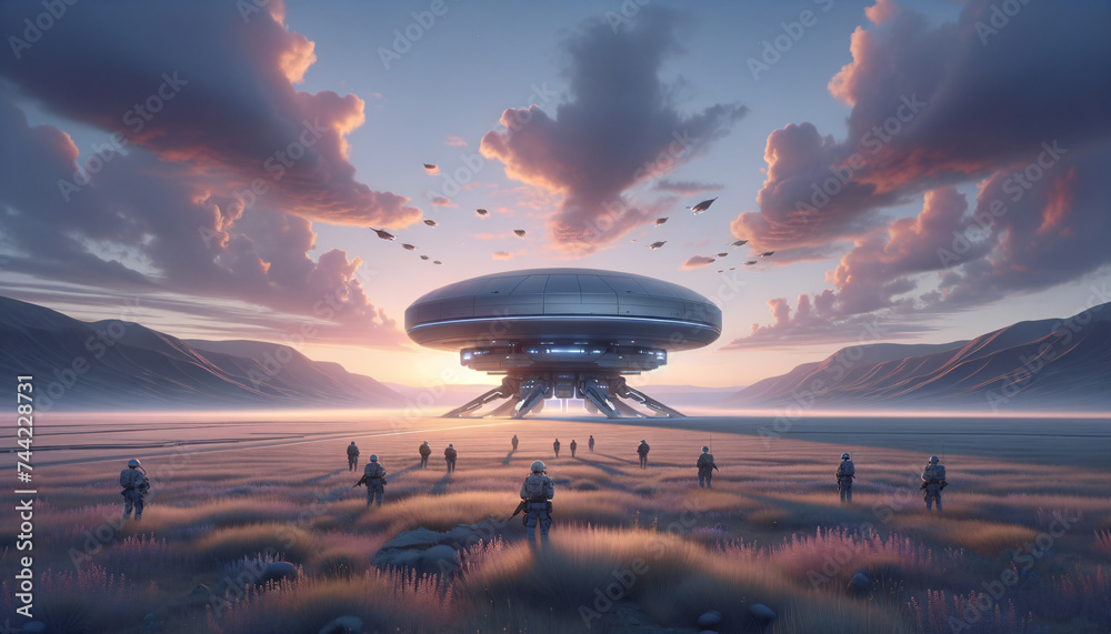 Futuristic military outpost on serene alien landscape with soldiers in exoskeleton armor. Futuristic military outpost on serene alien landscape with soldiers in exoskeleton armor.