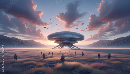 Futuristic military outpost on serene alien landscape with soldiers in exoskeleton armor.