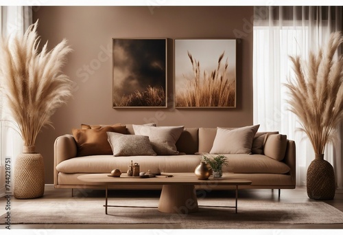 Living room interior wall mockup in warm tones with beige sofa and dried pampas grass Boho style Beige sofa with two artworks on the wall and dried plants on both side photo