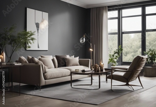 Luxury living room with gray wall and lounge furniture - taupe chairs Big artwork on a wall above bed © FrameFinesse
