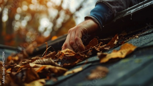 As the crisp autumn air surrounds them, a person's hand gently caresses the vibrant leaves scattered on the ground, embracing the changing season in the great outdoors © ChaoticMind