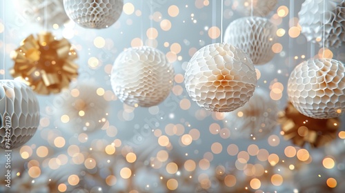 Orange and white background and convetti in the form of a simple background. Blurred white lights. Playfulness. dots like confetti sparkling light bokeh background