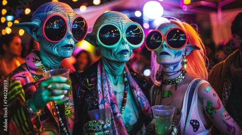 A mysterious group of extraterrestrial beings donning stylish sunglasses, their human-like faces hidden behind masks, gathered together at an outdoor festival adorned in fashionable clothing and glis photo