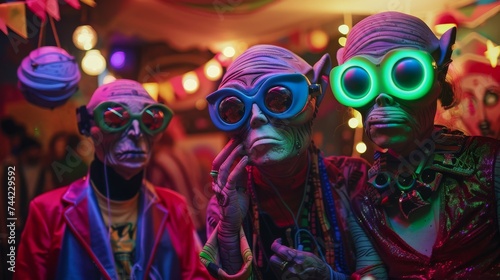 A colorful group of festival-goers, their faces hidden behind magenta masks, dance in otherworldly clothing reminiscent of aliens