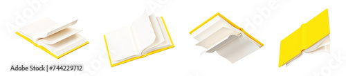 Fotografie Open paper book with white pages and yellow hard cover floating in air in different angles of view