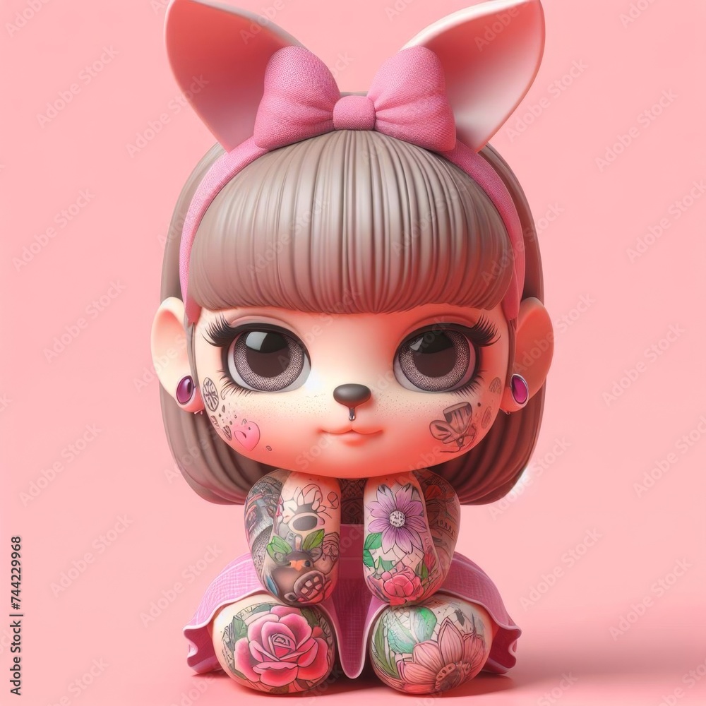 Easter Cutie: Little Bunny Girl 3D Render in Pink Tattoo Style