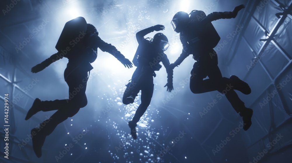 Silhouettes of adventurous individuals in scuba gear emerge from the depths of the ocean, united by their shared passion for exploring the unknown Silhouettes of adventurous individuals in scuba gear emerge from the depths of the ocean, united by their shared passion for exploring the unknown