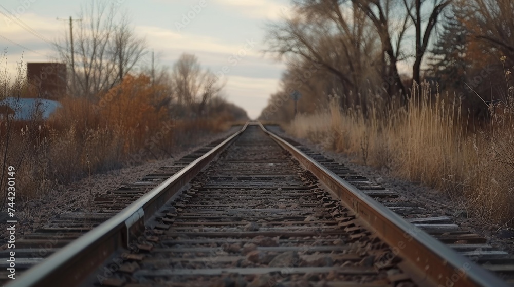 Amidst the lush greenery, a solitary train track cuts through the sky, leading the way through the tranquil forest and its towering trees as the railway journeys towards the horizon Amidst the lush greenery, a solitary train track cuts through the sky, leading the way through the tranquil forest and its towering trees as the railway journeys towards the horizon