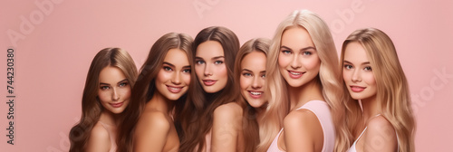 Group of happy women's with long groomed hair isolated on pink banner