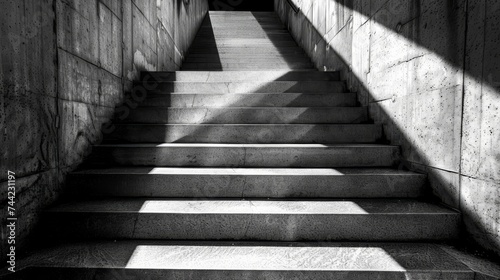 A monochrome staircase leads to a symmetrical tunnel, casting shadows against the outdoor backdrop, beckoning one to take each step with anticipation