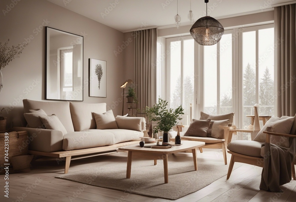 Scandinavian farmhouse style beige living room interior with natural wooden furniture and high windows with snowy landscape outdoor Cozy living room Scandinavian farmhouse style beige living room interior with natural wooden furniture and high windows with snowy landscape outdoor Cozy living room