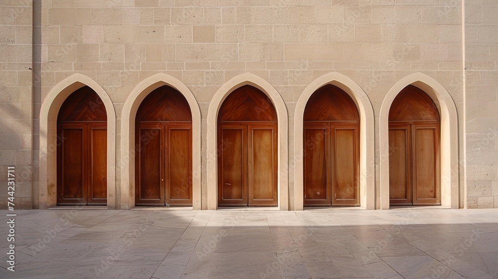 The elegant arches of the symmetrical doorways add a touch of grandeur to the stone building, inviting one to enter and discover the warmth and comfort of home