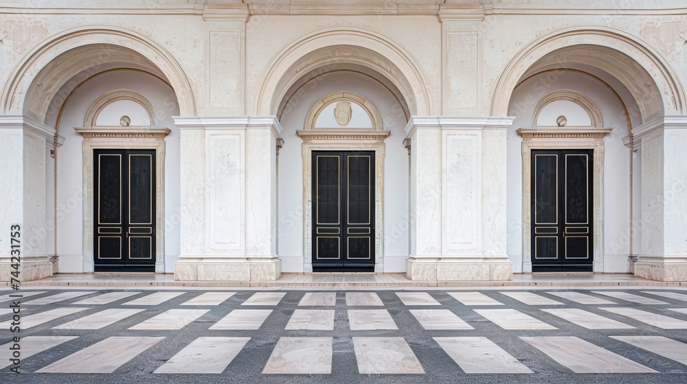 A grandiose building stands tall, its symmetrical facade adorned with arched doorways and majestic columns, while the checkered floor adds a touch of elegance to the outdoor arcade
