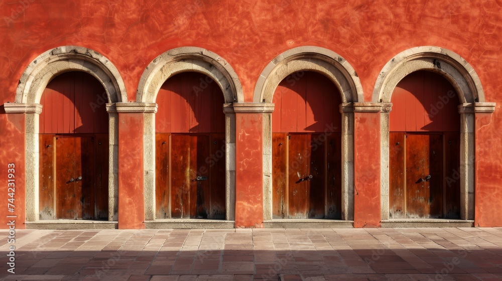 A stunning display of architectural symmetry and vibrant red doors, creating an outdoor arcade leading to a mysterious world beyond