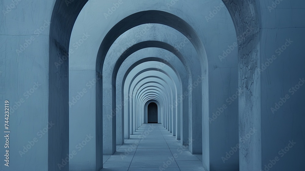 A grand and imposing infrastructure stands tall, with its symmetrical arches framing the bright outdoor light in a long and majestic corridor