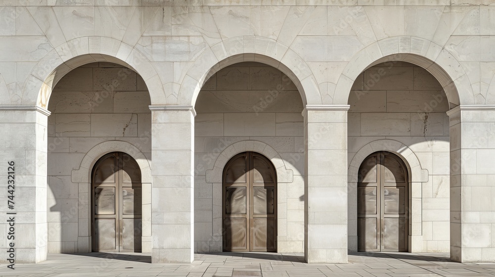 The grandeur of a medieval church is captured in a symmetrical row of arched doors, their stone columns reaching towards the sky against the outdoor backdrop of a stately building's arcade The grandeur of a medieval church is captured in a symmetrical row of arched doors, their stone columns reaching towards the sky against the outdoor backdrop of a stately building's arcade