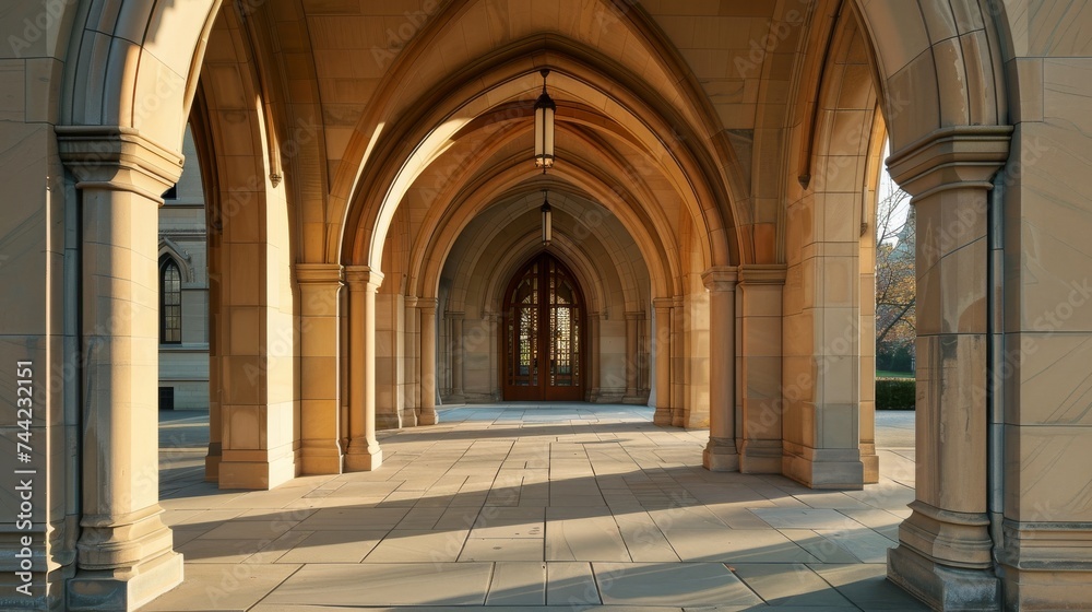 A grand hallway lined with arched doorways and a towering stone column leads to a symmetrical outdoor arcade, evoking a sense of awe and reverence within the historic church building
