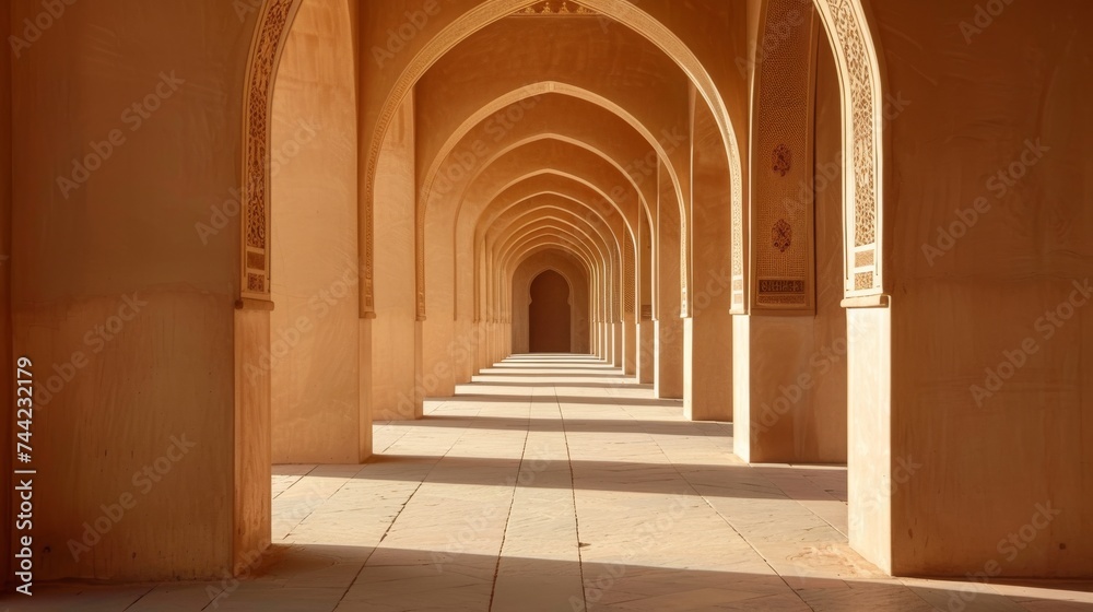 An architectural masterpiece, the building's grand hallway boasts a symmetrical arcade of columns and arches, with vaulted walls and a stunning tile floor, blending the outdoors with intricate design