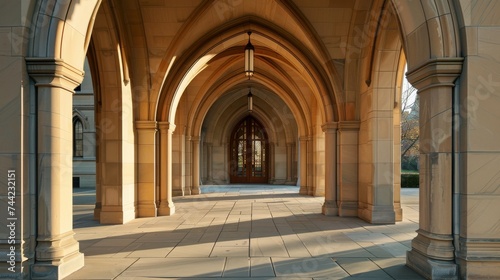 A grand hallway lined with arched doorways and a towering stone column leads to a symmetrical outdoor arcade, evoking a sense of awe and reverence within the historic church building