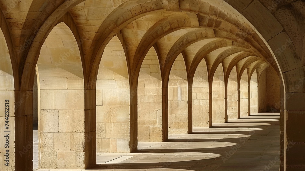 The grandeur of a church is captured in the symmetrical stone building adorned with arched arcades and vaulted columns, creating a sense of tranquility in the outdoor cloister The grandeur of a church is captured in the symmetrical stone building adorned with arched arcades and vaulted columns, creating a sense of tranquility in the outdoor cloister